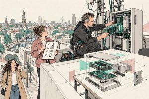 Monteur opent een serverkast naast een zendmast terwijl een collega met een gewone smartphone belt.